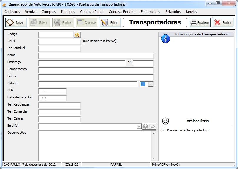 Nessa tela há a possibilidade de cadastrar transportadoras,