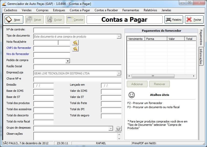 Para o sistema financeiro (contas à pagar) u lizamos essa tela para lançar as notas de compra de mercadorias, despesas básicas