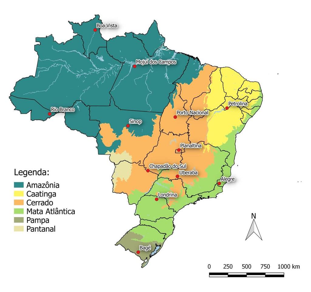 Branco/AC e Sinop/MT; no bioma Mata Atlântica, Alegre/ES e Londrina/PR; o bioma Caatinga foi representado por Petrolina/PE e o bioma Pampa, por Bagé/RS (Figura 1).