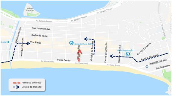 Quando os foliões alcançarem a Rua Visconde de Pirajá todo fluxo de veículos no sentido Copacabana deverá seguir via Av. Epitácio Pessoa, na Lagoa.