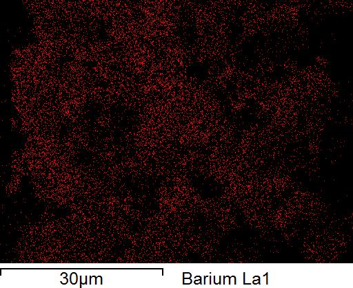 (A) imagem da amostra, (B) Mapeamento do bário e (C) mapeamento de rutênio.
