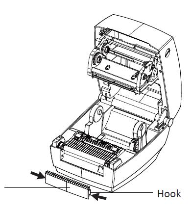 Procedimentos de instalação: Desligue a impressora e retire o cabo da tomada elétrica. Abra a tampa. Remova o Rolo de Etiquetas. Puxe a tampa frontal para frente e a remova.