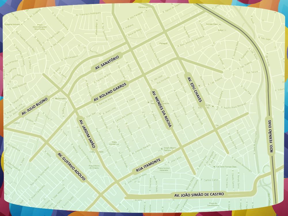 MICROREGIÃO Colégio Heitor Villa Lobos Padaria Rainha do Parque Supermercado Bergamini Inst. Educ. N Sra. das Graças Colégio Decisão Padaria Ponto Certo Colégio Monte Sinai Colégio Profa.