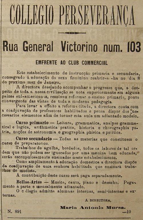 287 Figura 1 Anúncio do Collegio Perseverança. Fonte: JORNAL A PÁTRIA, 07 jan. 1891.