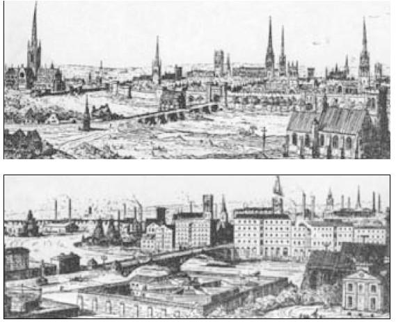 Estão reproduzidas abaixo duas gravuras (retiradas de Leonardo Benevolo, História da cidade) que representam uma cidade cristã