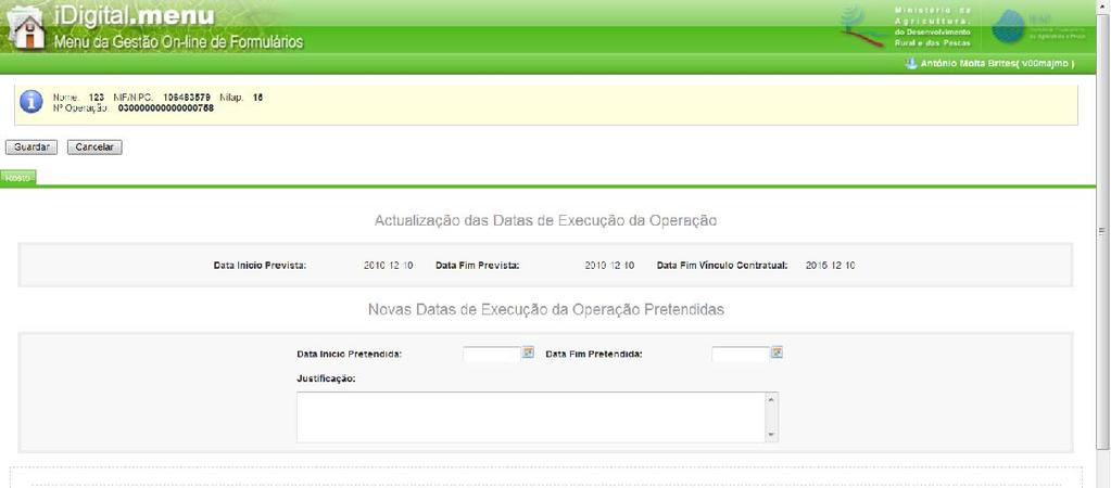 Apresenta-se o lay-out do formulário de recolha disponibilizado ao beneficiário: O formulário apresenta no primeiro bloco a informação residente no SI do IFAP relativamente à data de início prevista,