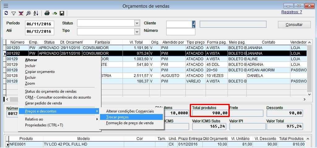 Volpe ERP Módulo de Vendas Versão 3.7 2.7. Como dar desconto no orçamento de vendas?