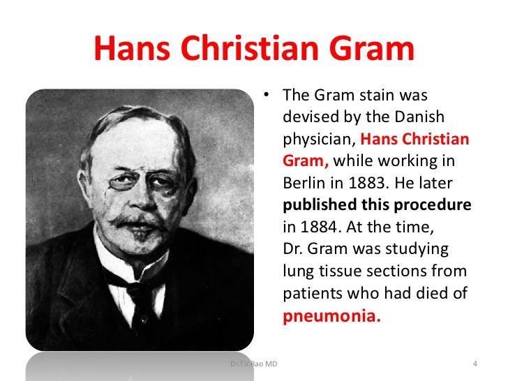 A coloração Gram foi desenvolvida pelo fisiologista dinamarquês, Hans Christian Gram, enquanto trabalhava em Berlim em 1883.