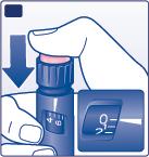 Injete a dose pressionando completamente o botão injetor até o 0 ficar alinhado com o indicador de dose. Tenha cuidado para pressionar o botão injetor apenas quando estiver a injetar.