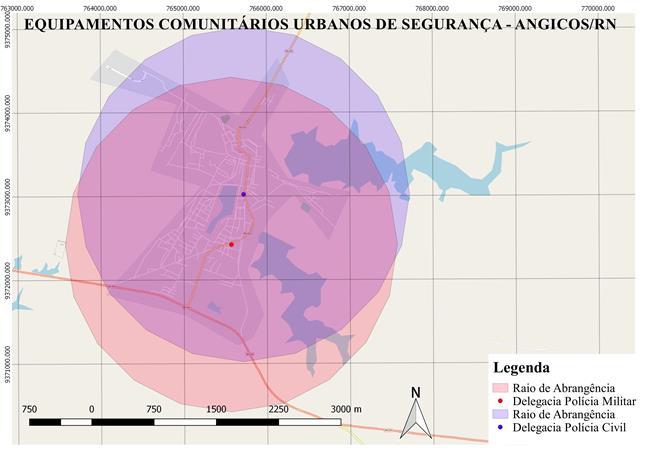 segurança e seus respectivos raios de abrangência. Ao analisar o mapa, observa-se que as áreas atendidas pelos equipamentos compreende toda a zona urbana da cidade de Angicos.