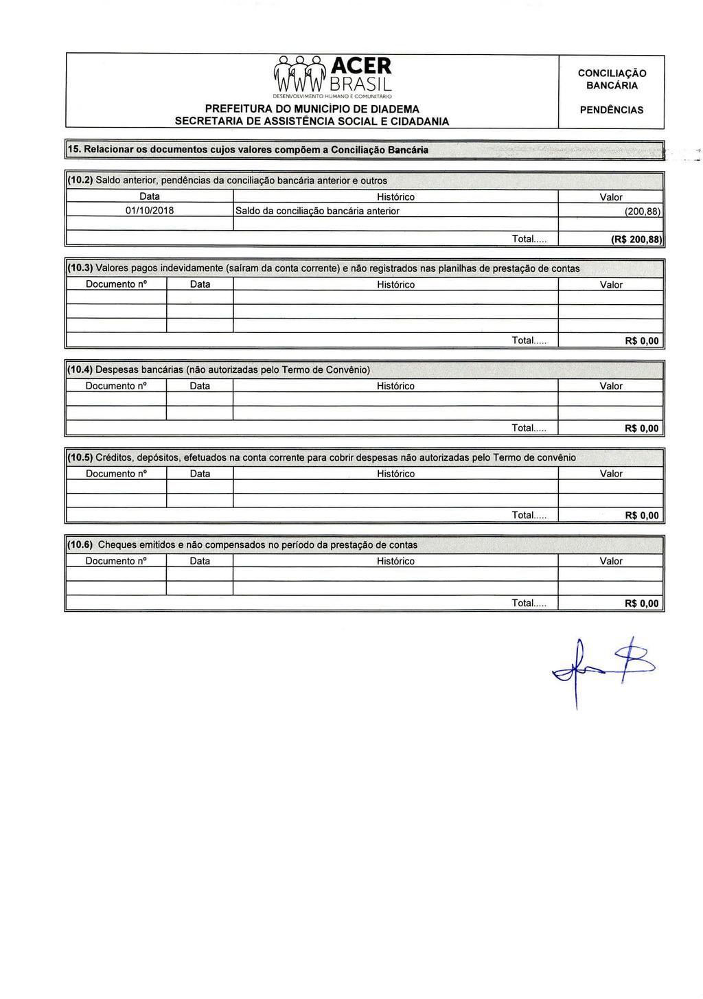 DESENVOLVIMENM HUMANO E COMUNrtÁRIO PREFEITURA DO MUNICÍPIO DE DIADEMA SECRETARIA DE ASSISTÈNCIA SOCIAL E CIDADANIA CONCILIAÇÃO BANCÁRIA PENDÊNCIAS 15.