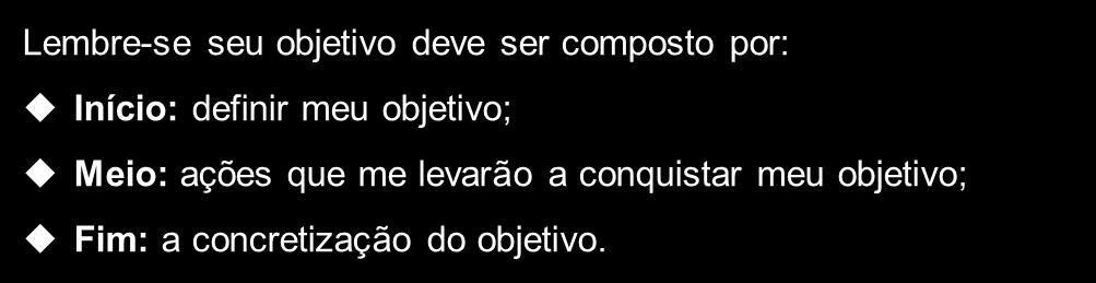 MENTALIZE e VISUALIZE seu OBJETIVO ESCREVA seu OBJETIVO num PAPEL CONSTRUA seu PLANO de