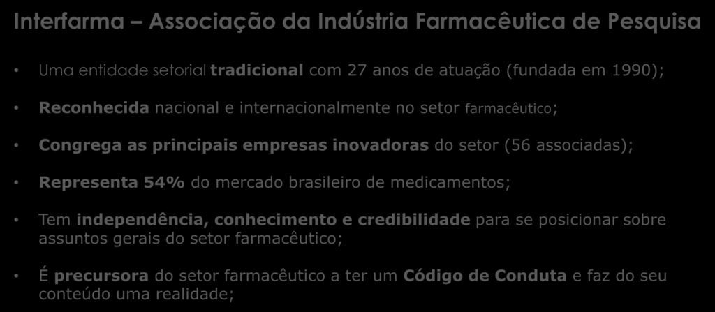 associadas); Representa 54% do mercado brasileiro de medicamentos; Tem independência, conhecimento e credibilidade para se posicionar