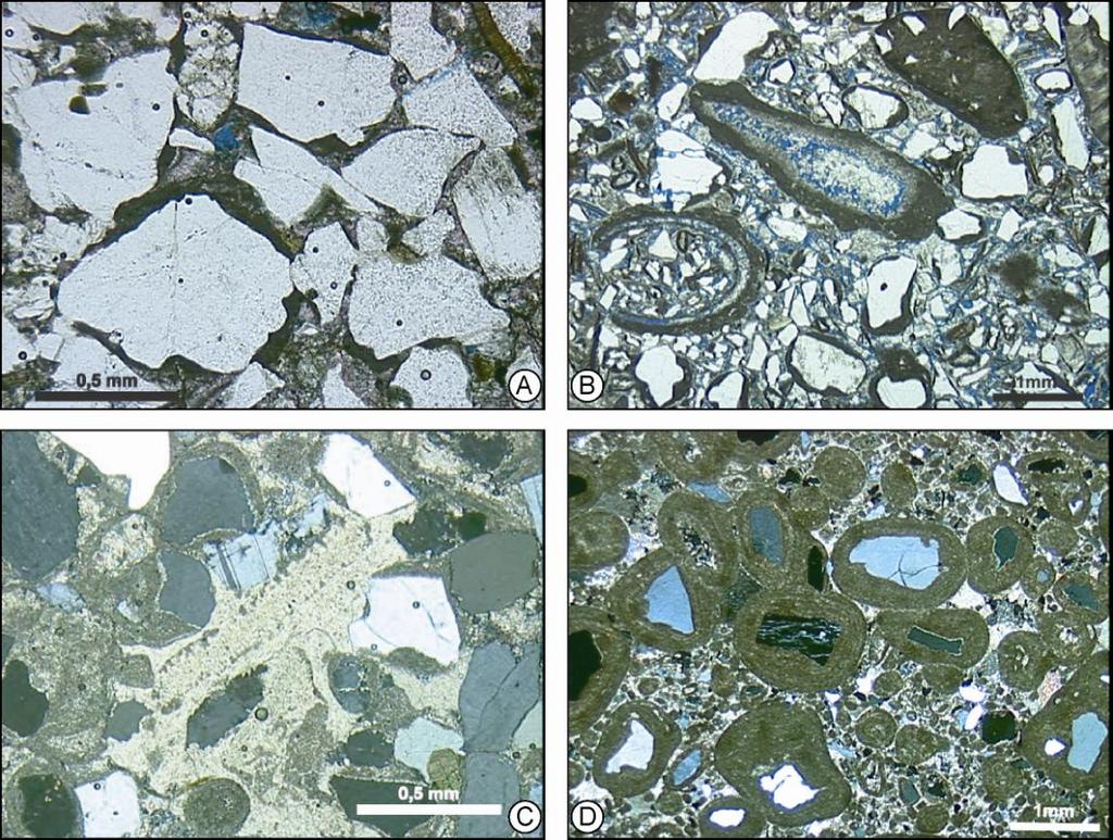 Figura 37: Fotos de lâminas de sedimentos híbridos (A e B) e carbonáticos (C e D).
