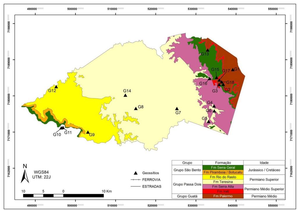 Luiz Carlos Basso; Antonio Liccardo; Carla Silvia Pimentel Figura 3 - Esboço geológico do município de Irati, PR, com indicação dos geossítios selecionados para a transposição didática do conteúdo