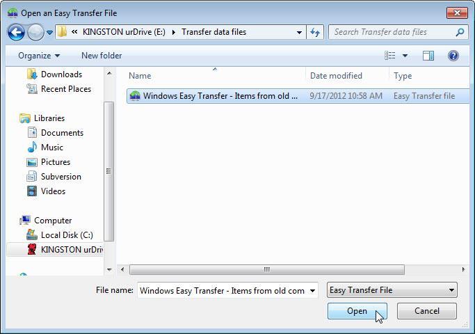 selecione o arquivo Transferência Fácil do Windows - Item do computador antigo, em seguida