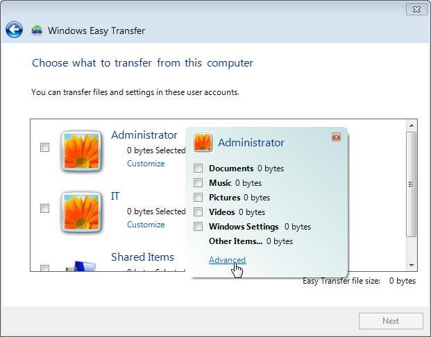 A tela "Escolha o que deseja transferir deste computador" aparecerá.