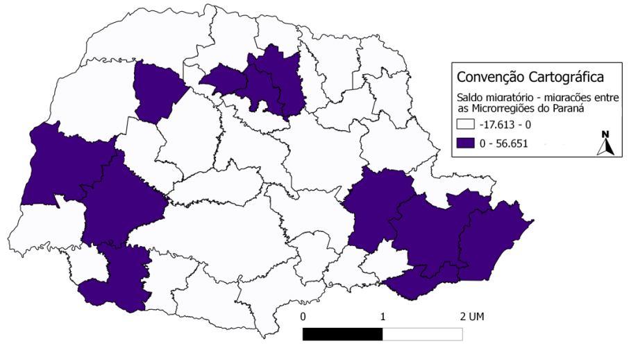 Fonte: Resultado a partir dos microdados do Censo Demográfico de 2010. Por fim, a Figura 9 demonstra o saldo migratório total para cada microrregião paranaense.