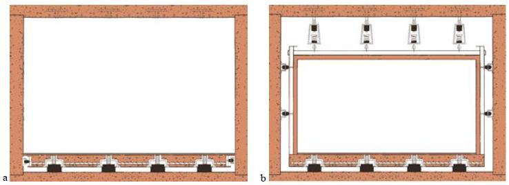 15)). Fig.2. 19 - Isolamento de um compartimento: a) laje do compartimento; b) sistema box-in-box (Lopes (2015)).