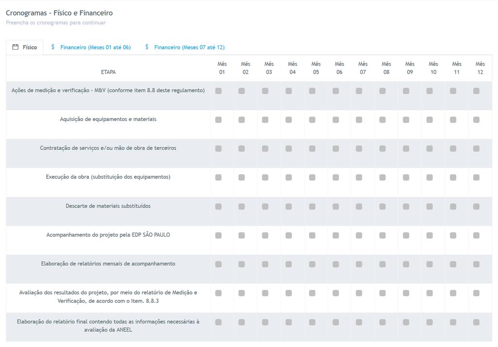 Cronograma Físico; Cronograma Financeiro dos meses 01 até 06; Cronograma Financeiro dos meses 07 até 12; Cada aba deve ser preenchida de acordo com seu projeto.