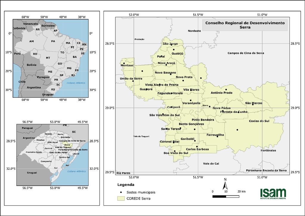 Figura 1: Localização do Corede Serra no Brasil, estado do Rio Grande do Sul e municípios que o compõem.