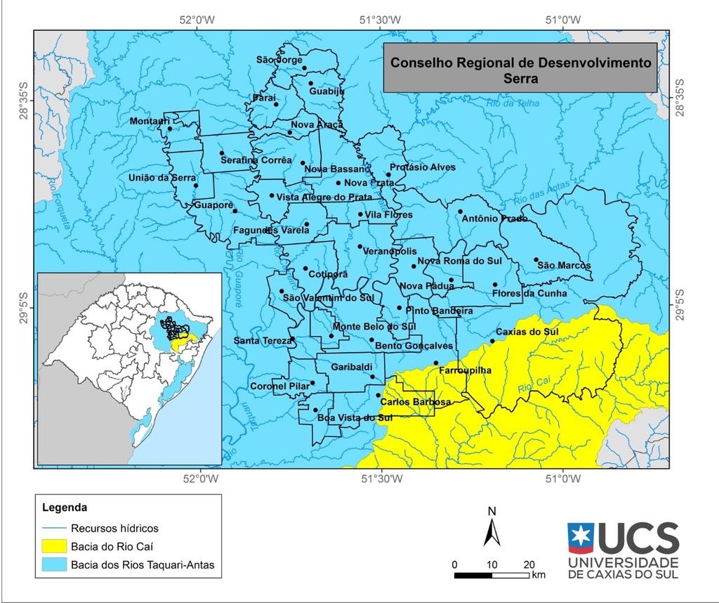 Figura 2: Bacias hidrográficas na área de abrangência do Corede Serra. Fonte: Elaborado pelo Instituto de Saneamento Ambiental (ISAM). A região do estudo segundo Bertê et al.