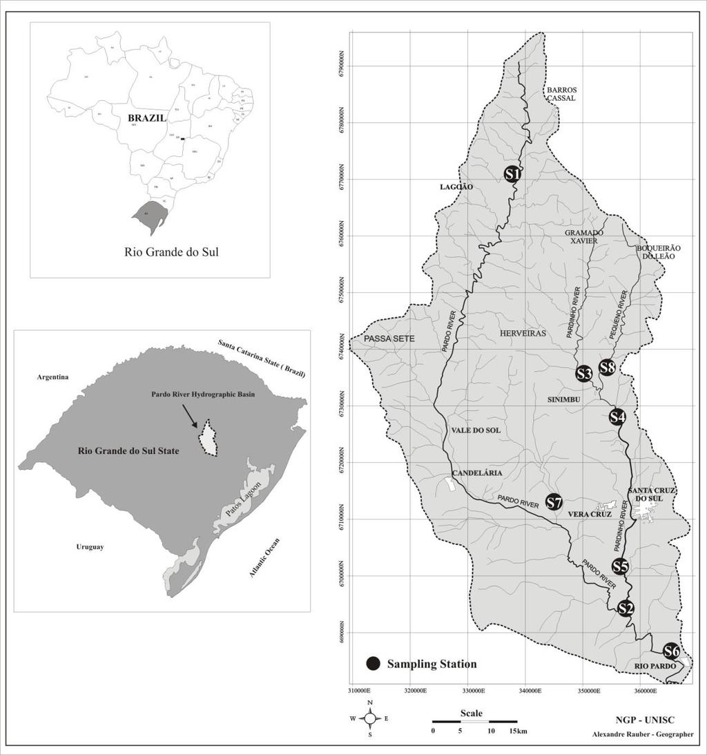 Contaminação da água por Fosfato Mapa da área de estudo mostrando a localização da Bacia Hidrográfica do Rio Pardo, RS, no Estado do Rio Grande do