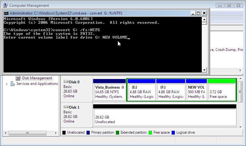 Digite convert G:/fs:NTFS > pressione a tecla Enter. Você será solicitado a digitar o nome do volume atual para a unidade G:.