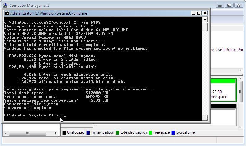 Depois que a unidade for convertida, digite exit na janela "Administrador: C:\Windows\System32\cmd.exe" e pressione Enter.