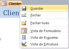 Com o botão do lado direito sobre a aba do formulário escolhe Guardar. Dá-lhe o nome de ClientesForm.