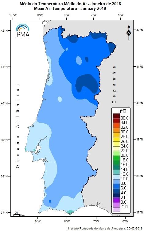 Figura 3 - Distribuição espacial dos valores médios da temperatura média do ar e anomalias da temperatura média, mínima