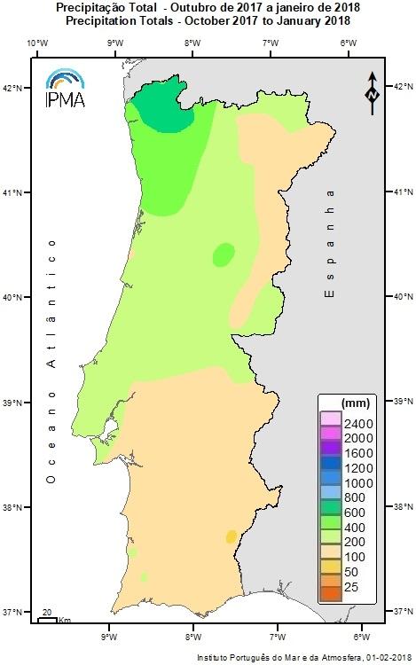 Precipitação acumulada desde 1 de outubro de 2017 O valor médio da quantidade de precipitação no presente ano hidrológico 2017/2018 desde 1 de outubro de 2017 a 31 de janeiro de 2018 foi de 258.