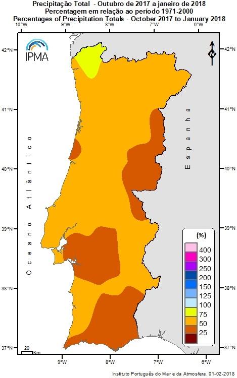 Os valores da quantidade de precipitação acumulada no ano hidrológico 2017/2018 são muito inferiores ao normal e variaram entre 32 % em Covilhã e 97 % em Monção (Figura 7).