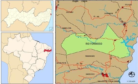 28 Sirinhaém, ao Sul e leste com Tamandaré, e a oeste com Gameleira. Segundo IBGE (2013), a cidade possui uma área de 227,46 km² e população estimada em 22.970 hab.