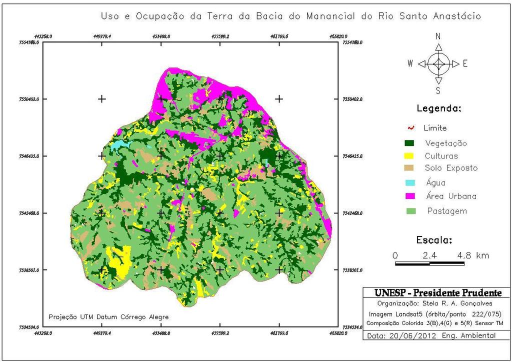 Figura 3 Mapa de uso e Ocupação da Terra do Manancial do Rio Santo Anastácio Os resultados da utilização da ferramenta Medidas de classe do software que calculou a área em Km 2 correspondente a cada