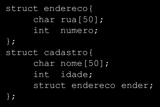 23 Estruturas de Estruturas O acesso aos dados do endereco do cadastro é feito utilizando novamente o operador ponto.. Acesso struct cadastro c; gets(c.
