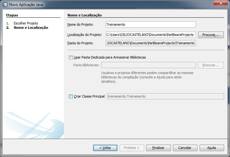Para o nome do projeto digite Treinamento, e desmarque a opção Criar Classe