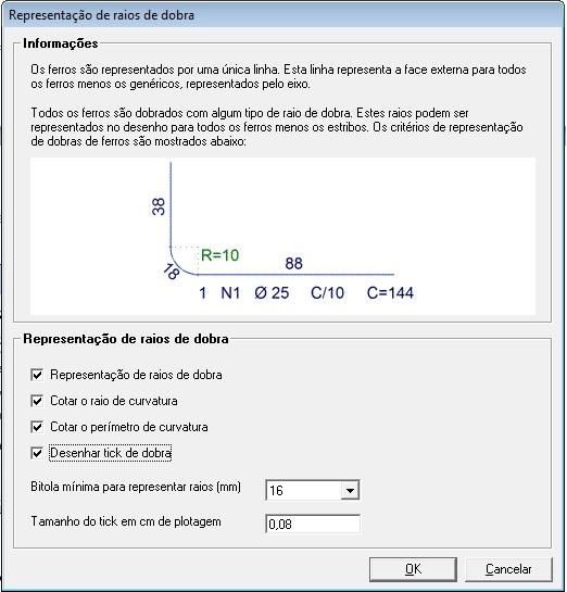 Para não carregar excessivamente os desenhos, pode ser definida uma bitola mínima a partir da qual os raios de curvatura são representados, que por padrão é 16 mm.