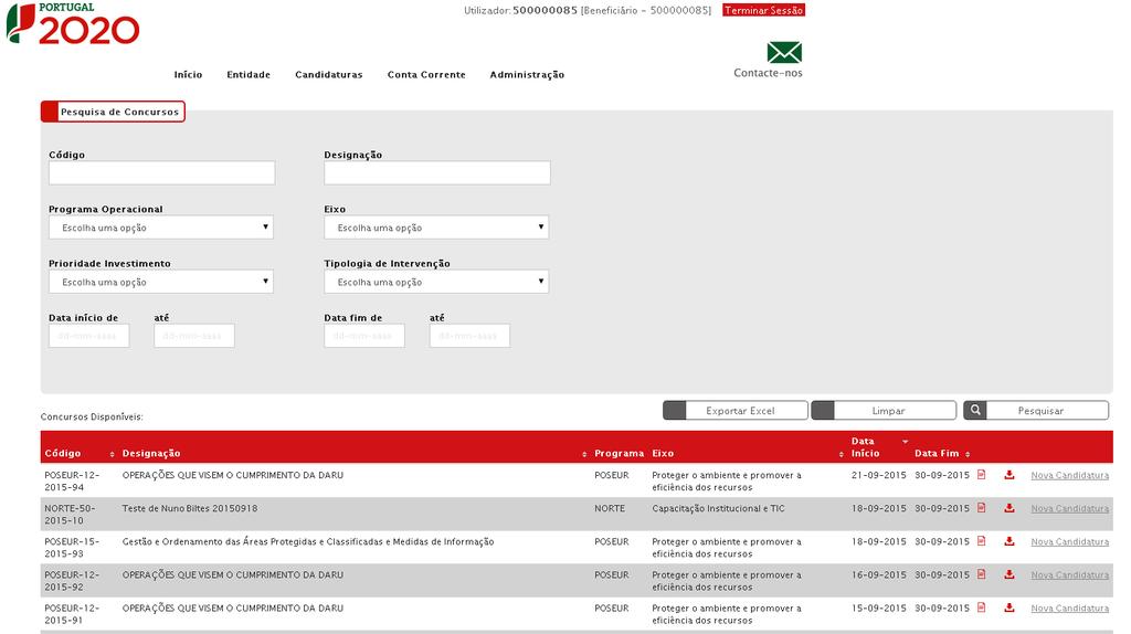 aparece link para Nva Candidatura, dand assim iníci a prcess de submissã de uma