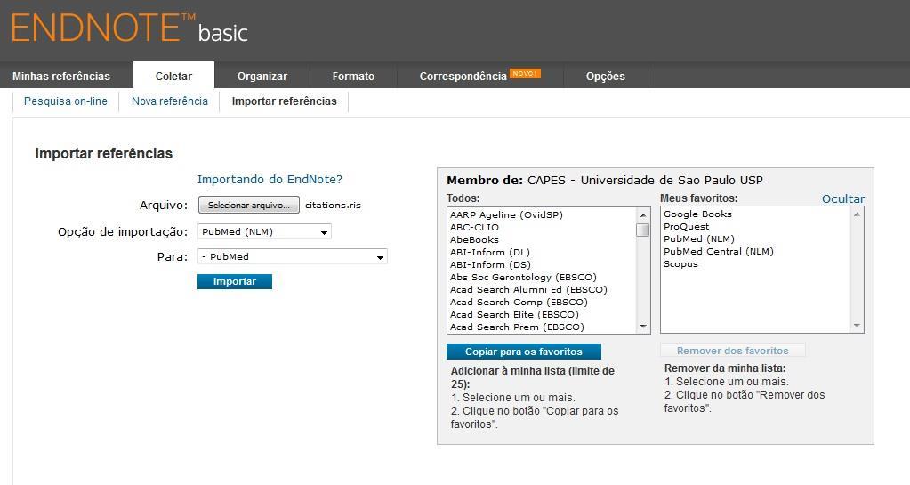 Importação de referências em formatos disponíveis Selecionar