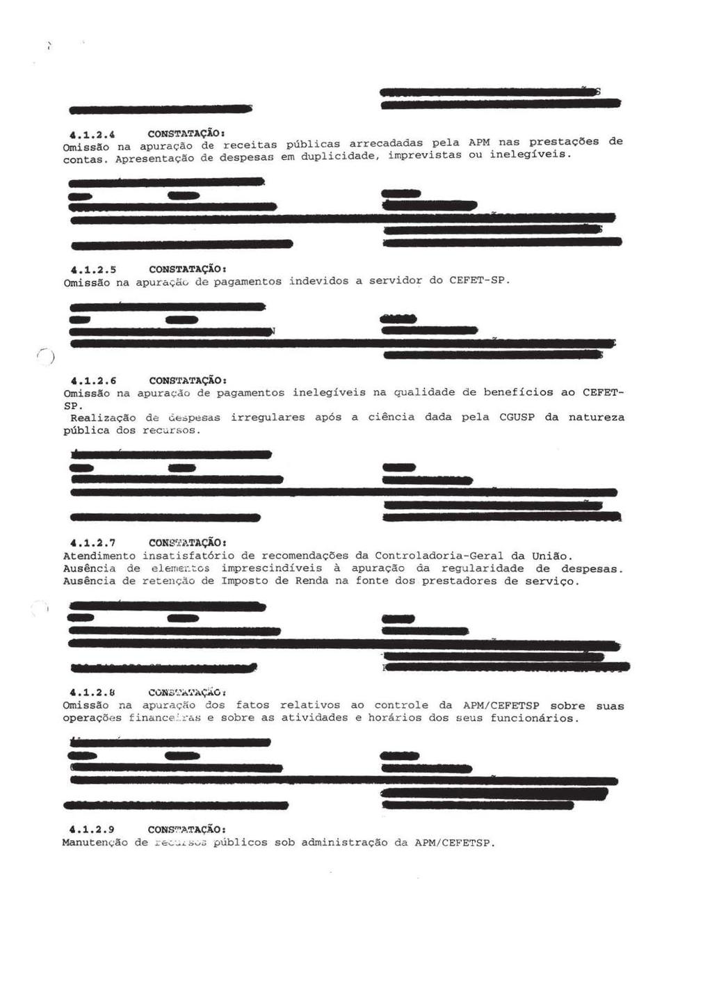 1.2., CONSTATA~ios omissilo na apurac;;ilo de receitas publicas arrecadadas pela APM nas prestac;:cses de contas. Apresentac;;ilo de despesas em duplicidade, imprevistas ou inelegiveis.,...) 1.2.5 CONSTATA~iO t Omissilo na apura~av de pagamentos indevidos a servidor do CEFETSP.