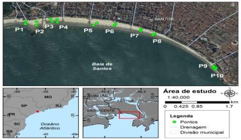 Ao longo dos 7km da praia de Santos foram plotados 1 pontos escolhidos aleatoriamente em ordem crescente iniciando na Praia do Emissário Submarino localizada próxima a divisa entre Santos e São