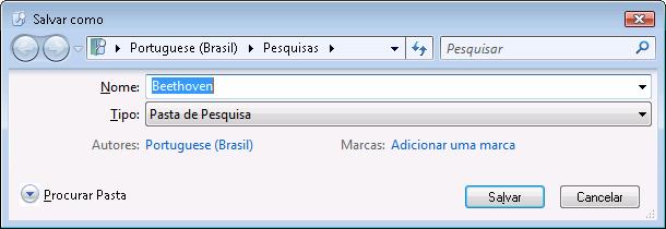 6. Informe um nome para a pasta de pesquisa no campo Nome do arquivo. 7. Clique no botão Salvar. Uma pasta de pesquisa é criada e os critérios são salvos.