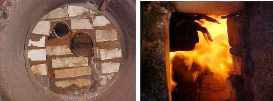 A ligação do reator de gaseificação com a câmara de combustão foi feita de tijolo refratário, deixando-se uma abertura lateral de 0,20 x 0,20 m para introdução da chama piloto na ignição dos gases