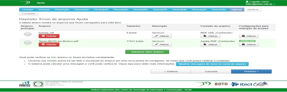 Próximo, uma tela com a relação de arquivos é apresentada e o tipo de acesso autorizado por ele, que por padrão é Acesso