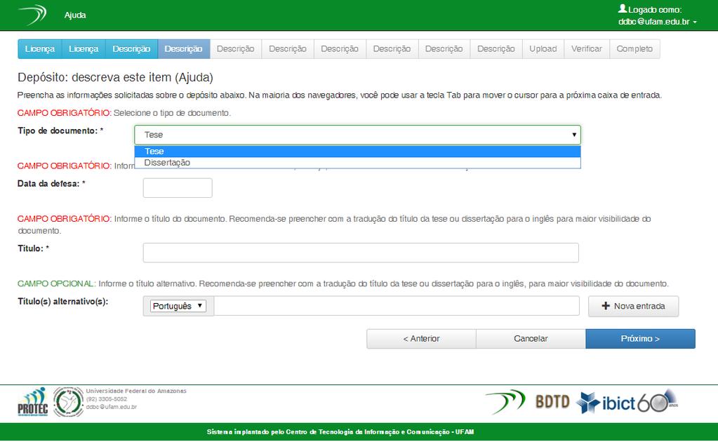 Descrição do item depositado O depósito continua, com preenchimento de campos.