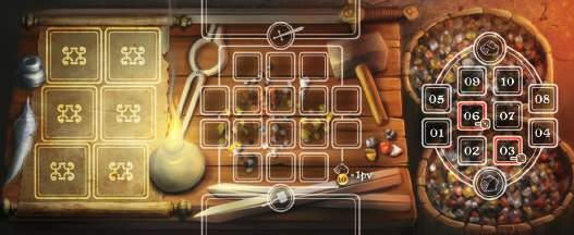 Os recursos obtidos na mina são colocados diretamente nas Cestas do jogador (parte direita do tabuleiro individual), para, posteriormente, serem transportadas para a Oficina do jogador (parte central