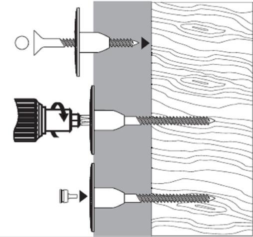 Materiais constituintes: Cabeça plástica Parafuso para madeira zincado Tampão plástico para corrigir micro pontes térmicas Anilha diâmetro 90mm Características