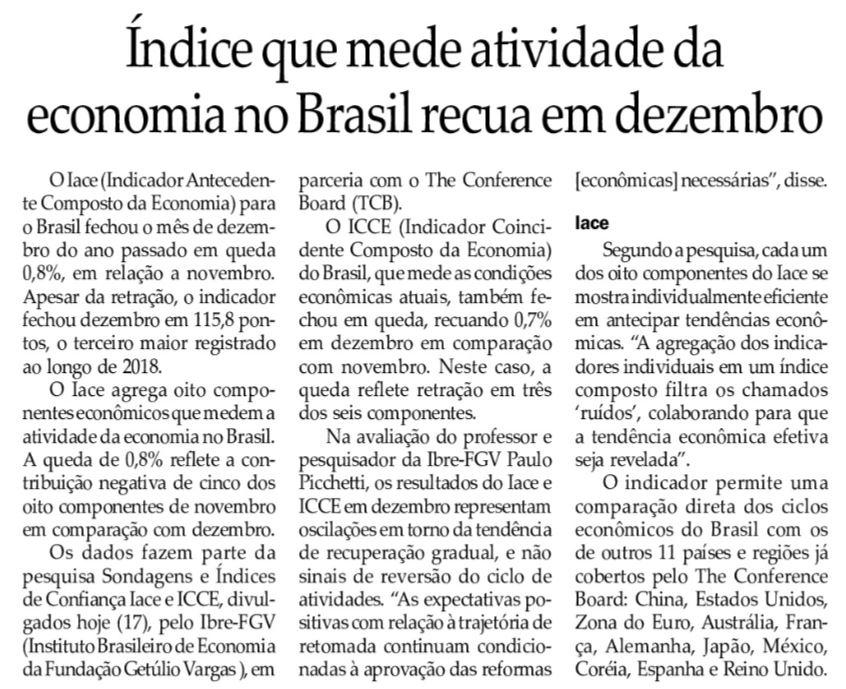 Título: Índice que mede atividade da economia no Brasil recua em dezembro Veículo: Jornal do