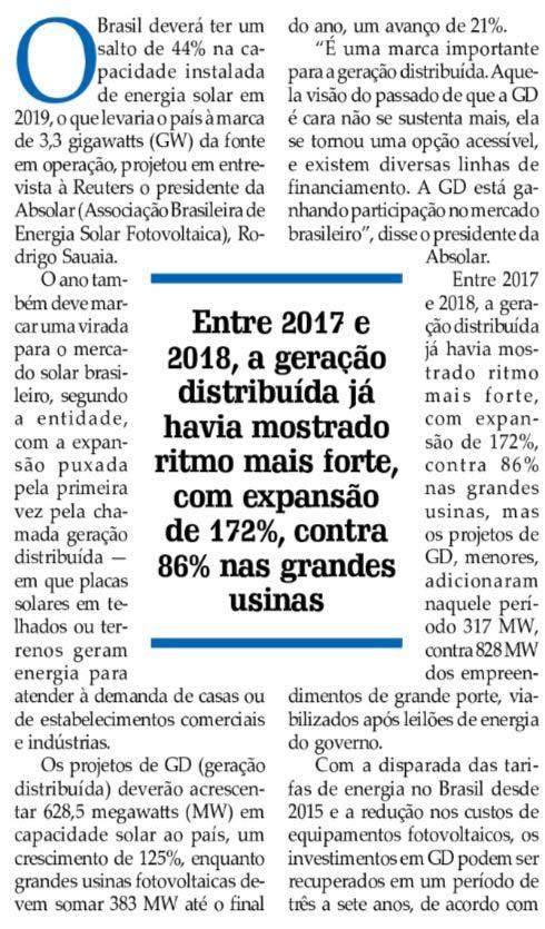 Título: Energia solar deve crescer 44% no Brasil Veículo: Jornal do Commercio